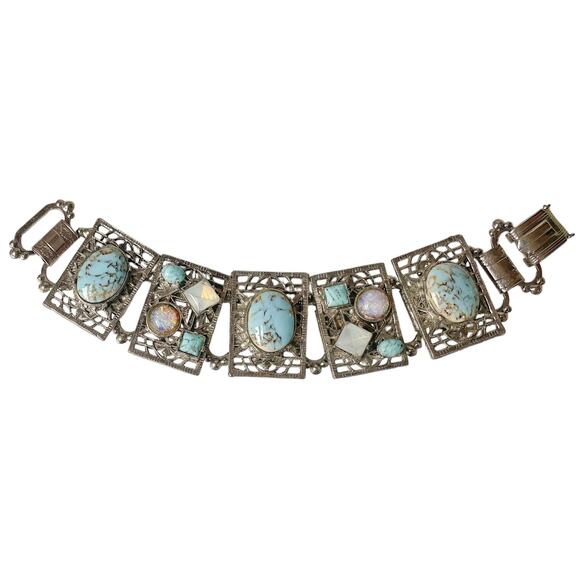 80s Silver Tone Faux Turquoise & Iridescent Stones Retro Victorian Link Bracelet - Picture 3 of 7